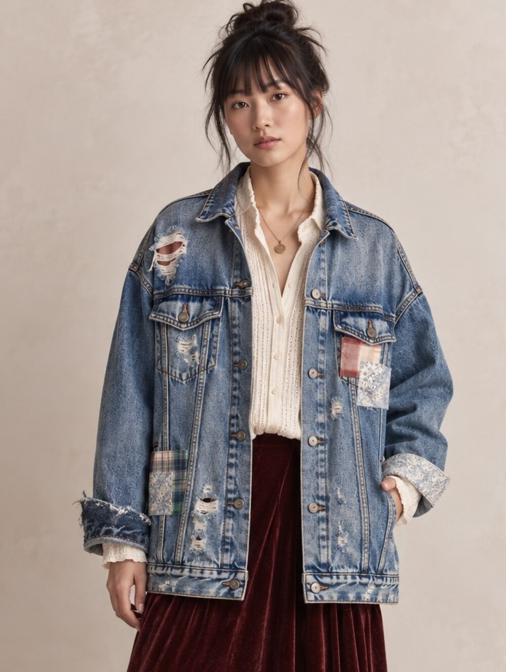AMERICAN EAGLE 90s BOYFRIEND OVERSIZED DISTRESSED PATCHWORK DENIM JACKET M